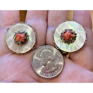 Vintage Ladies Cufflinks Silver Coral Agate Mother of Pearl‎ Filigree